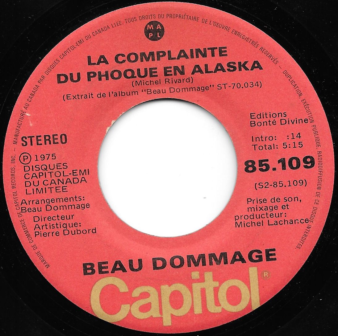 Acheter disque vinyle Beau Dommage La Complainte Du Phoque En Alaska / Harmonie Du Soir A Chateauguay a vendre